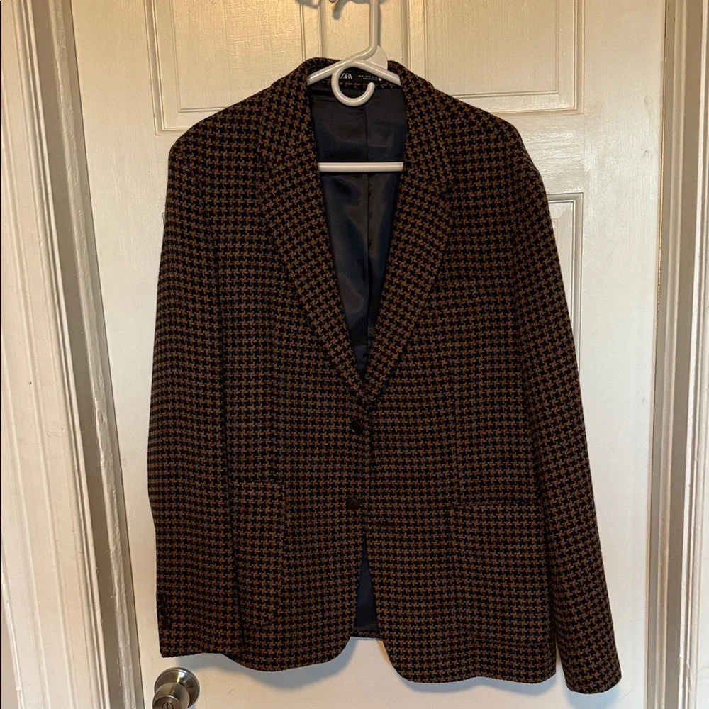 Zara Men's Houndstooth Blazer - Brown & Black